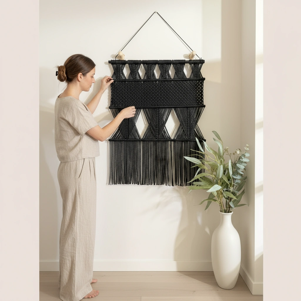 Colgante de Pared  en Macramé – Diseño Geométrico Negro Satinado (Pre-Orden)